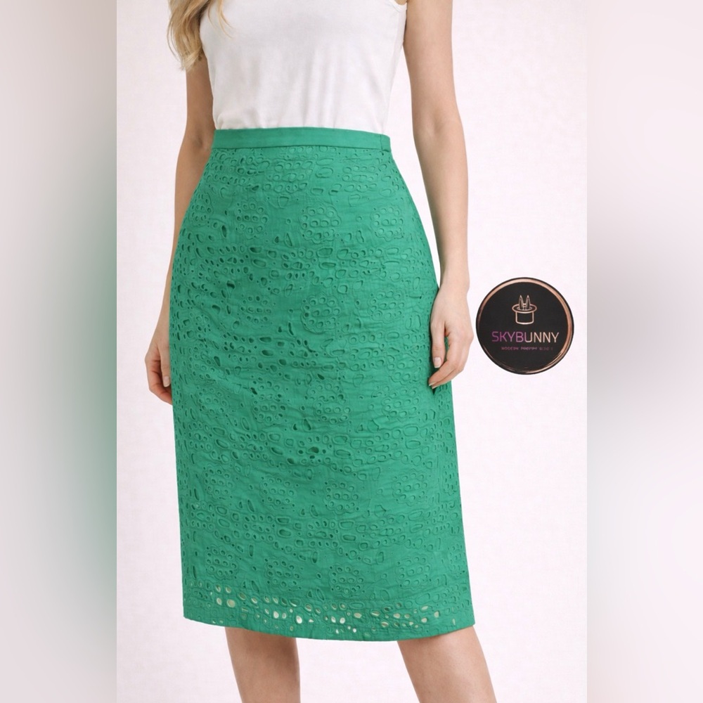 Boden Skirt Womens 10 L Green Eyelet Floral Print Broderie Pencil Cotton NEW